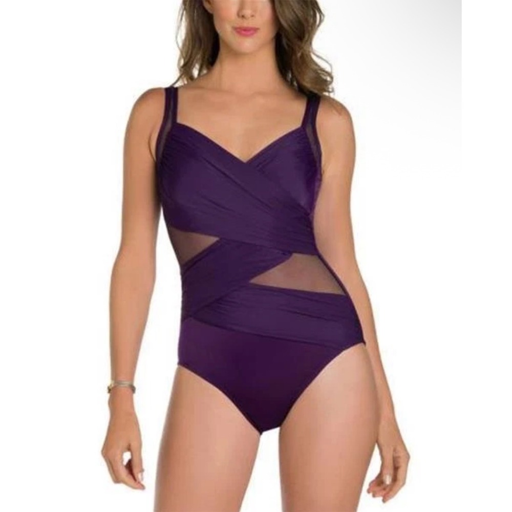 MIRACLESUIT Madero Plum 1pc Swim Suit Womens 10 Tummy Control Purple Crisscross